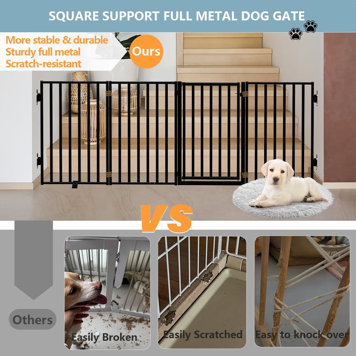 Lezbanz Full Metal Freestanding Dog Gates with Door, 32" Height Dog Fences for Indoor & Outdoor, Extra Wide Foldable Pet Gates for Stairs, Hallways, Doorways, Yard (4 Panels, 80" W × 32" H)