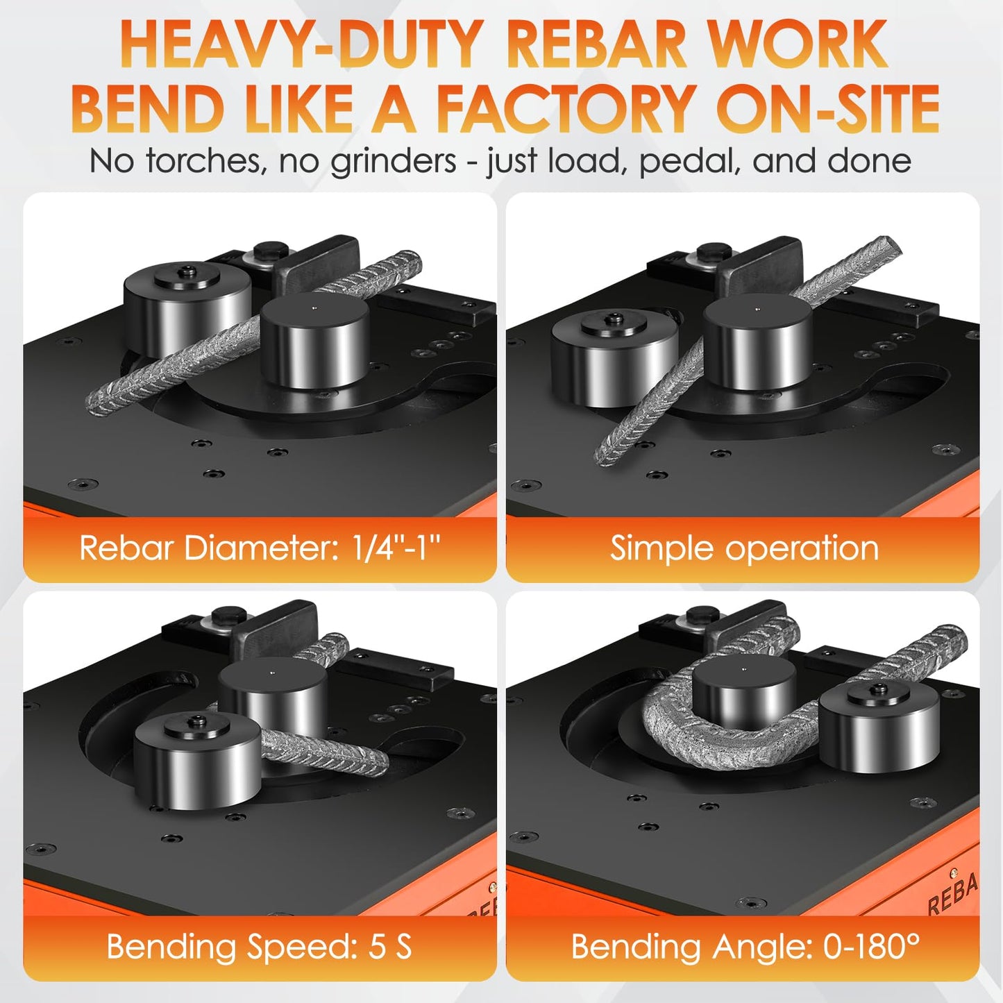 YIXBIZHU 1700W Rebar Bender, 5s Bends for #2–#8 (6–25mm), 0–180°Angle Dial with 30°/45°/90°/135° Stops, Heavy Cast-Iron Body, Foot-Pedal Hydraulic Steel Bending Tool (RB‑25)