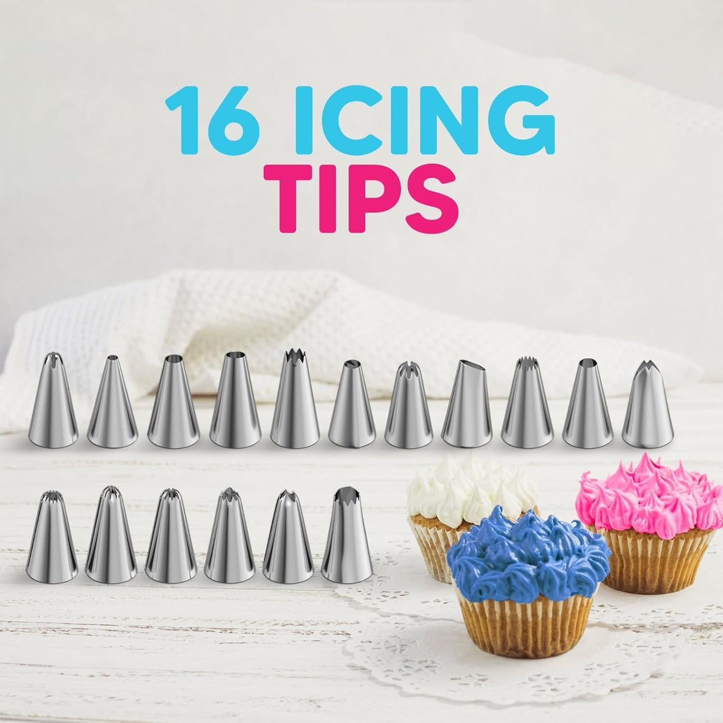 Riccle Piping Bags Set - 124 Pcs Cake Decorating Kit with 16 Tips, Reusable Pastry Bags & Scrapers