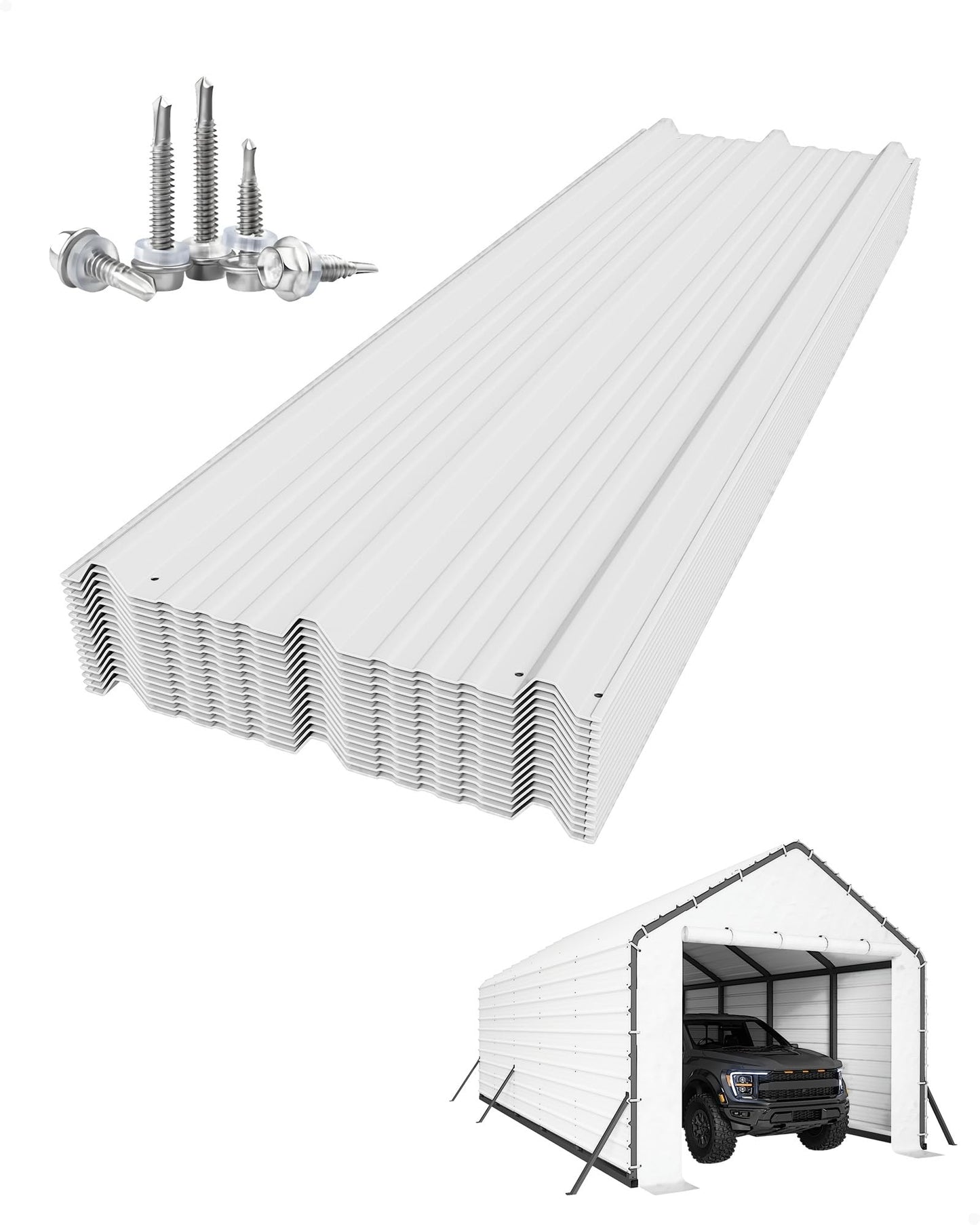 GarveeLife Ribbed Metal Roofing Panels, 140 ft², 64.2'' L x 19.7'' W, 29 Ga. Galvanized Steel Ribbed Panels for Gazebos, Carports, Garages, Chicken Coops, Storage Sheds, and Stables, 16 Pcs, White