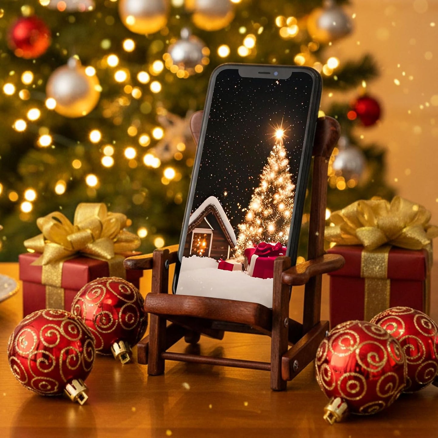 2 Kingdder Pcs Christmas Wood Cell Phone Stand Gifts Folding Chair Wooden Phone Holder Adjustable Office Cellphone