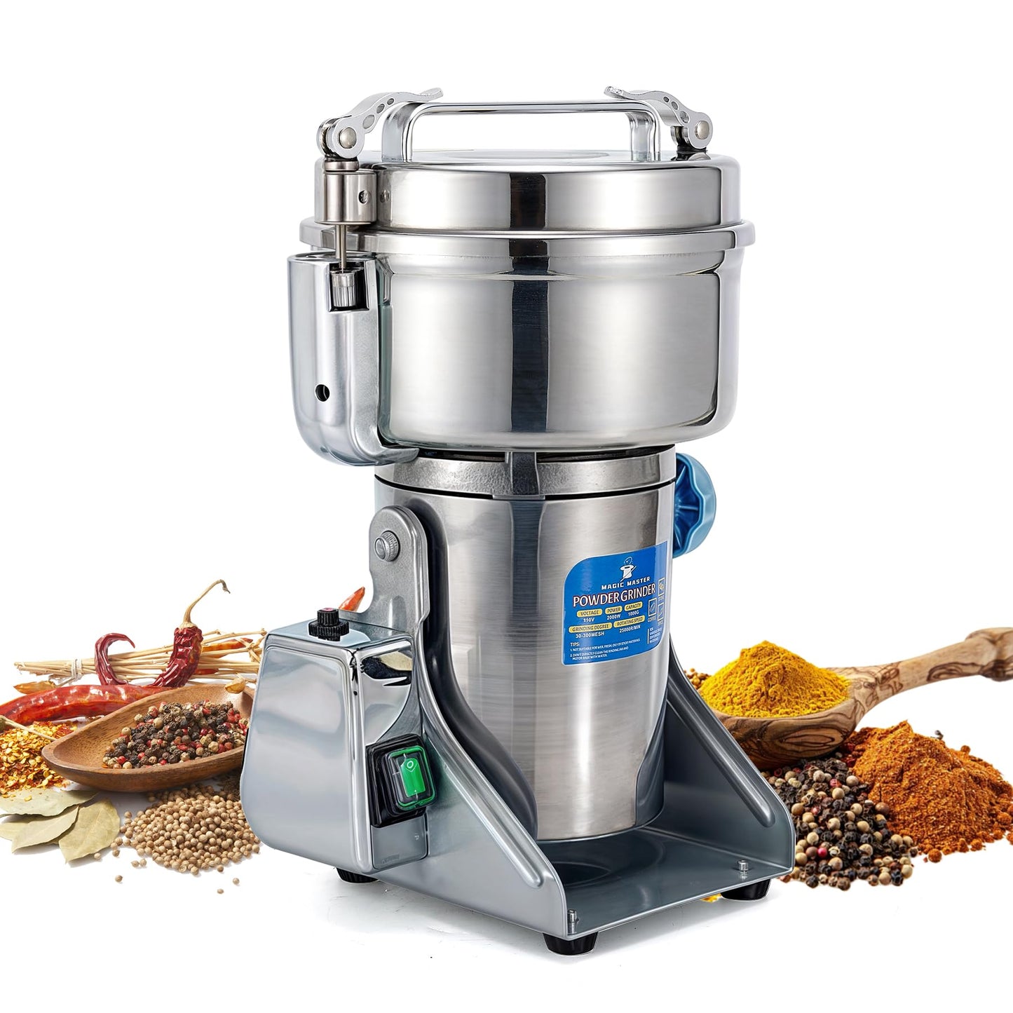 MAGIC MASTER 1000g Grain Mill, High Speed Electric Grinder, Stainless Steel Dry Grinder Machine For Flour, Wheat, Nut, Corn, Rice, Pepper, Herbs, Coffee Beans, Swing, 110V