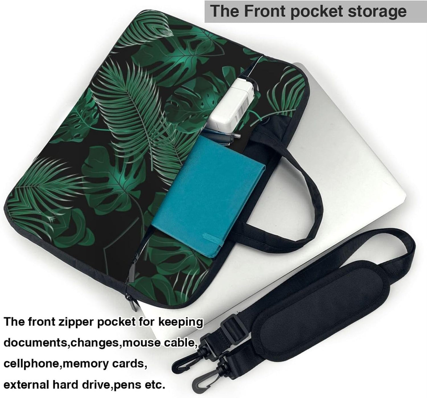 JIPOFD Banana Leaf Green Print Structured Laptop Bag Oxford Cloth Briefcase Padded Shoulder Case with Front Pockets