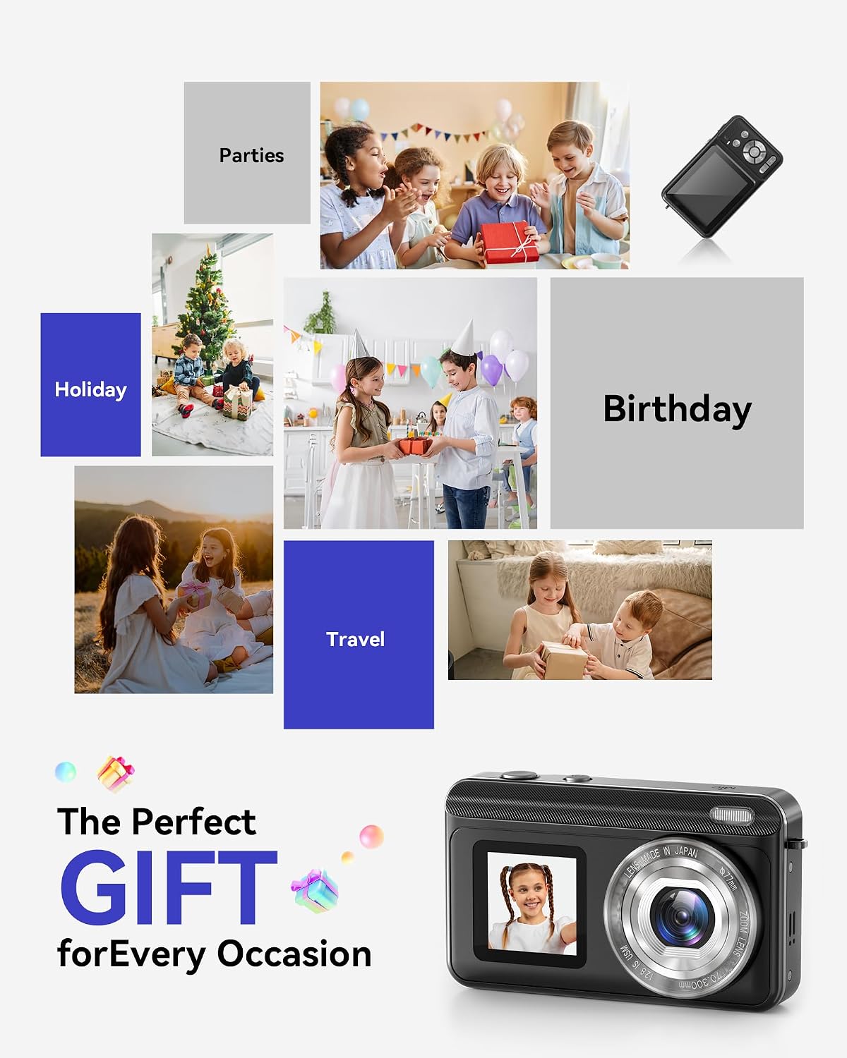 Jexylon 2.7K 16x 32GB Digital Camera, Real Dual-Screen Digital Camera for Photography Auto-Focus Vlogging Camera