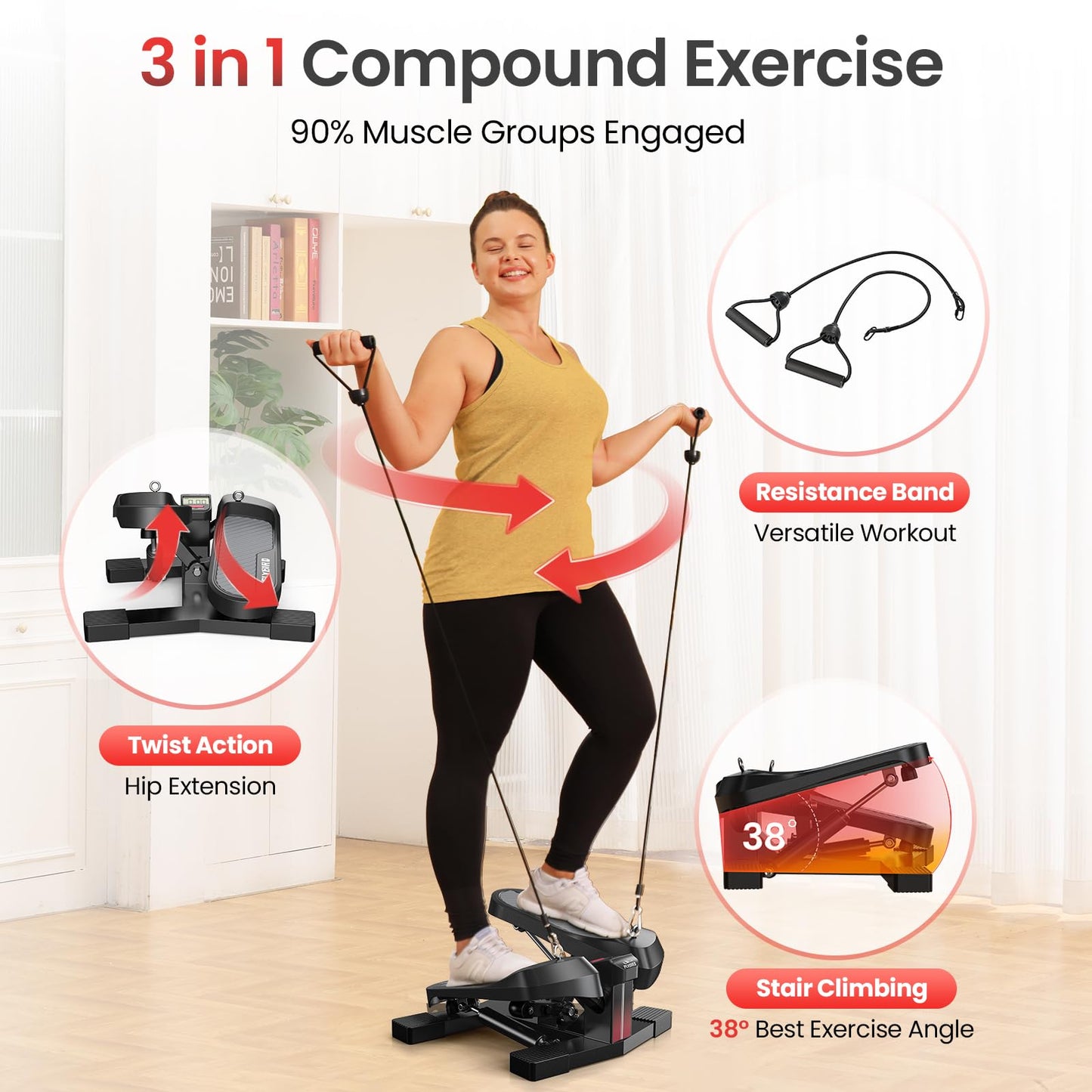 FLYBIRD Stair Stepper Machine with Resistance Bands for Home Workout, 350 LBS Capacity Twisting Stepper for Cardio, Legs, Hips & Glutes, Fitness Equipment for Men and Women
