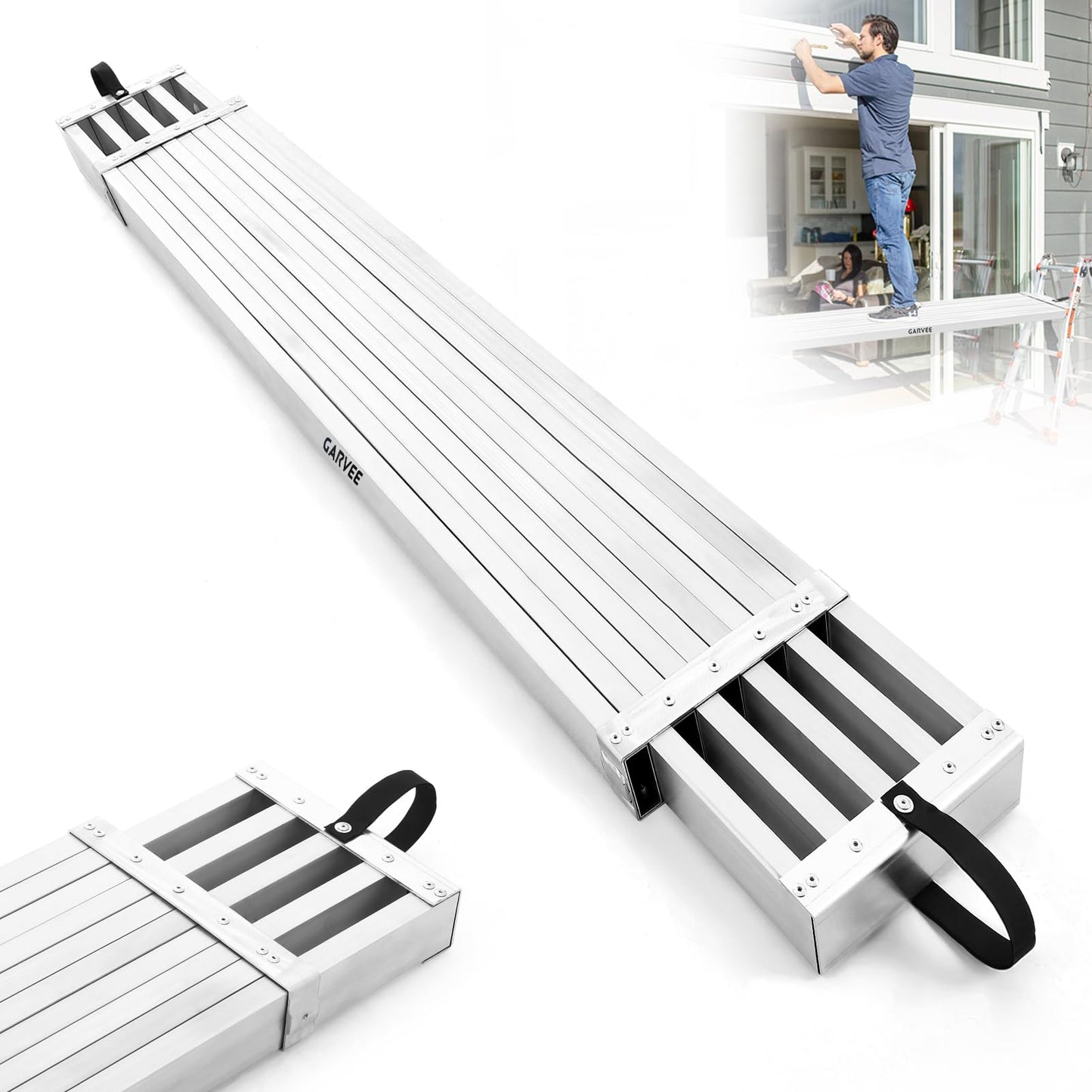 Garvee 6-9FT Aluminum Telescoping Work Plank, 12.5 inch Width Extension Plank, 440Lbs Capacity Extension Boards, Adjustable Scaffolding Plank with Skid-Proof Platform Scaffold Ladder Accessory