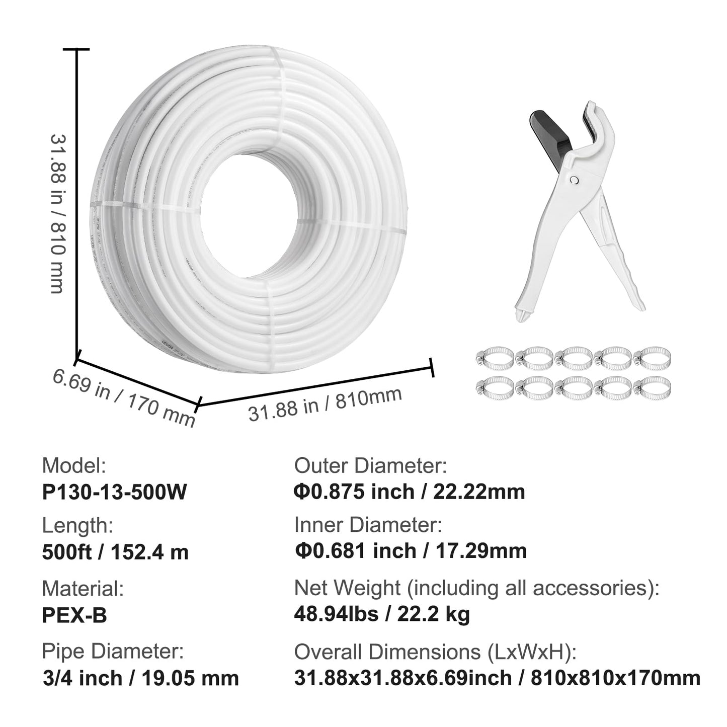 VEVOR PEX Pipe 3/4 Inch, 500 Feet Non-Oxygen Barrier PEX-B Flexible Pipe Tubing for Potable Water, for Hot/Cold Water & Easily Restore, Plumbing Applications with Free Cutter & Clamps,White