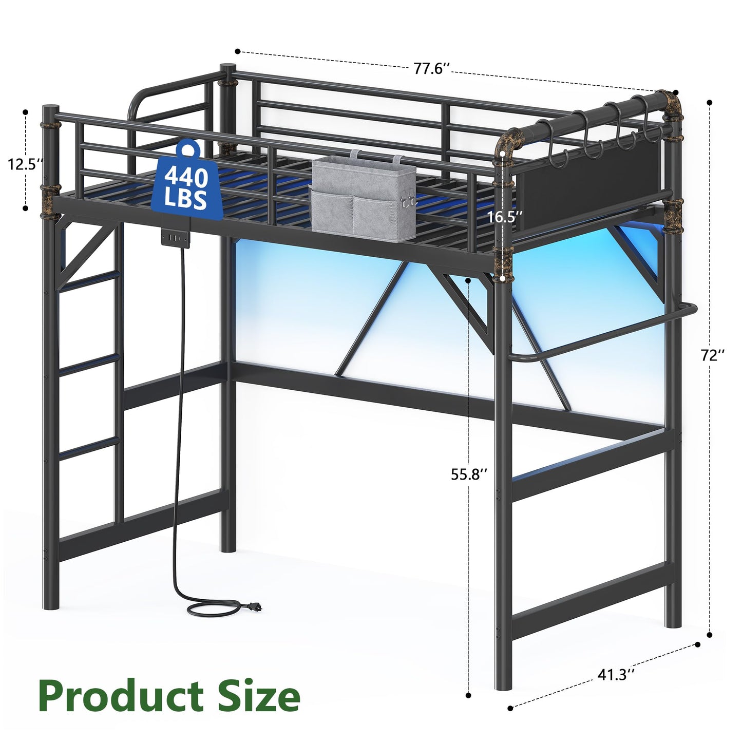 Twin Size Loft Bed with LED Lights and Charging Station, Industrial Heavy Duty Metal Loft Bed Frame with Ladder and Guardrail for Kids Adults, Small Space Saving Design for Bedroom Dorm, Black