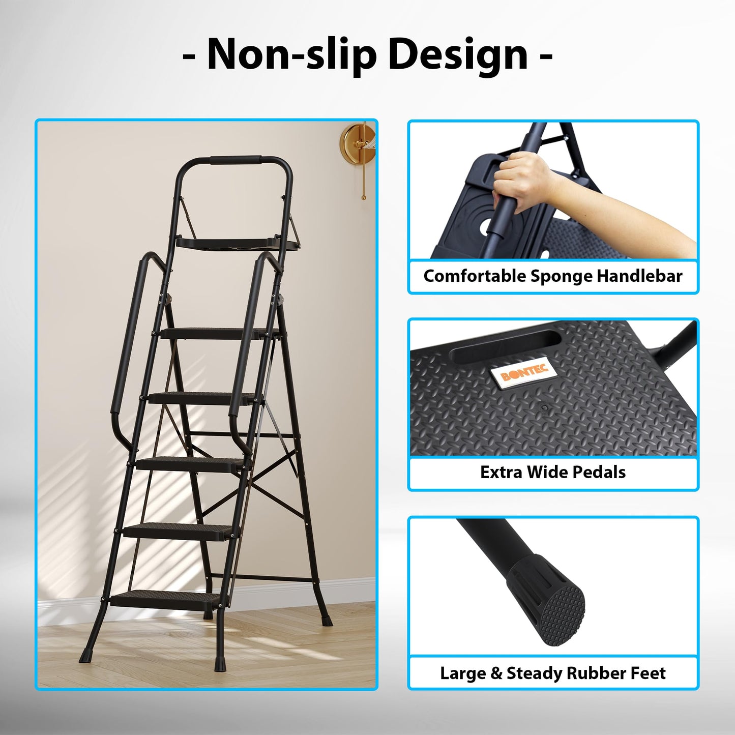 BONTEC 5-Step Ladder, 400lbs Max Load, Folding Step Stool with Tool Tray, Tool Bag, Handrails, Wide Anti-Slip Pedals, Sturdy Steel Ladder for Household & Work Use, Black