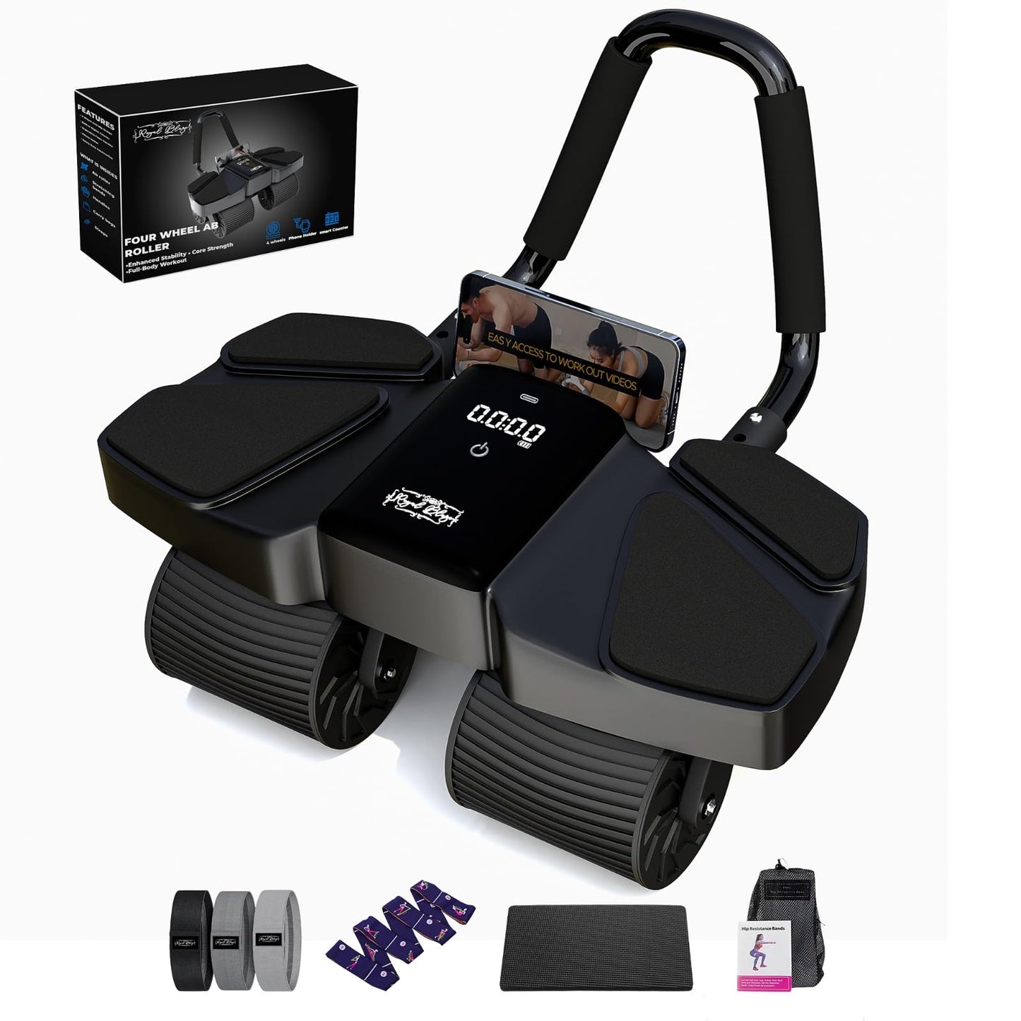 Ab Roller Home Gym Equipment – 4 Wheels Ab Wheel Muscle Roller, Yoga Stretching Strap, 3 Resistance Bands – Comfortable Elbow Support with Non-Slip Handles