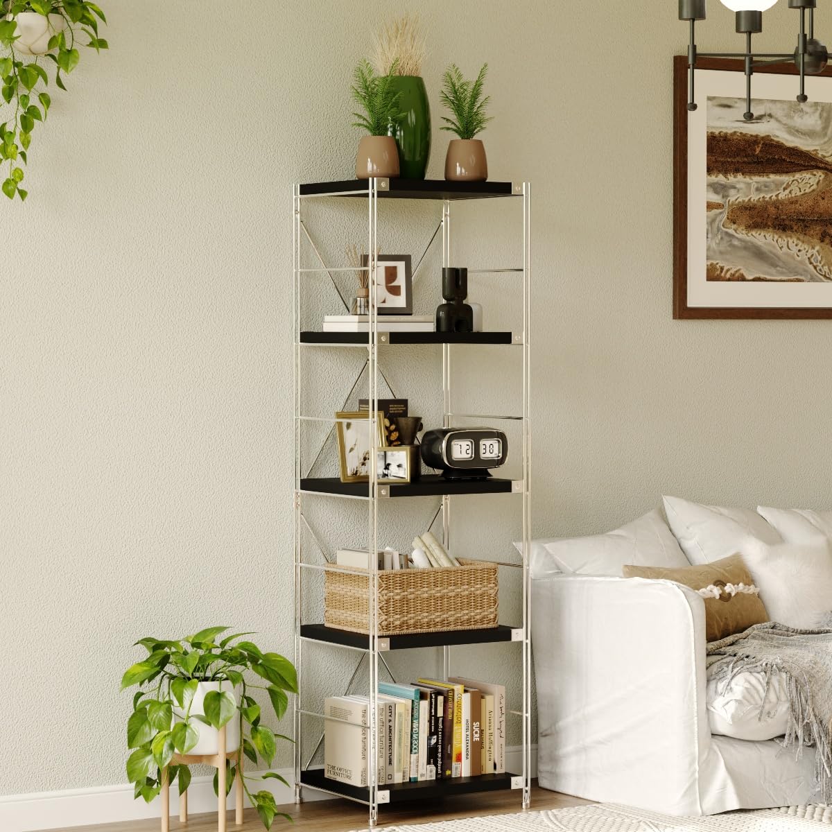 Achene 5-Tier Industrial Bookshelf, Storage Bookcase for Living Room, Bedroom, Home Office, Study Room, and Kitchen,15.75"x19.69"x66.93" Inches (Black, 5T20IN)