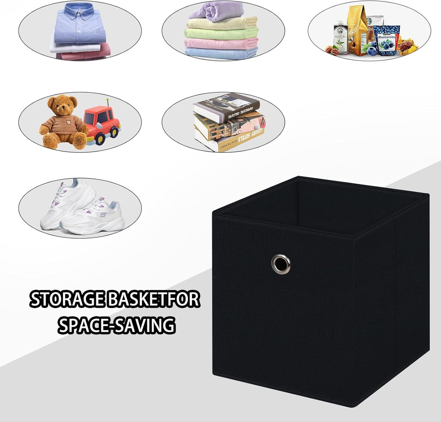 Skiennix Black Foldable Storage Cubes - 11 Inch Fabric Organizer Bins with Handles | Set of 6