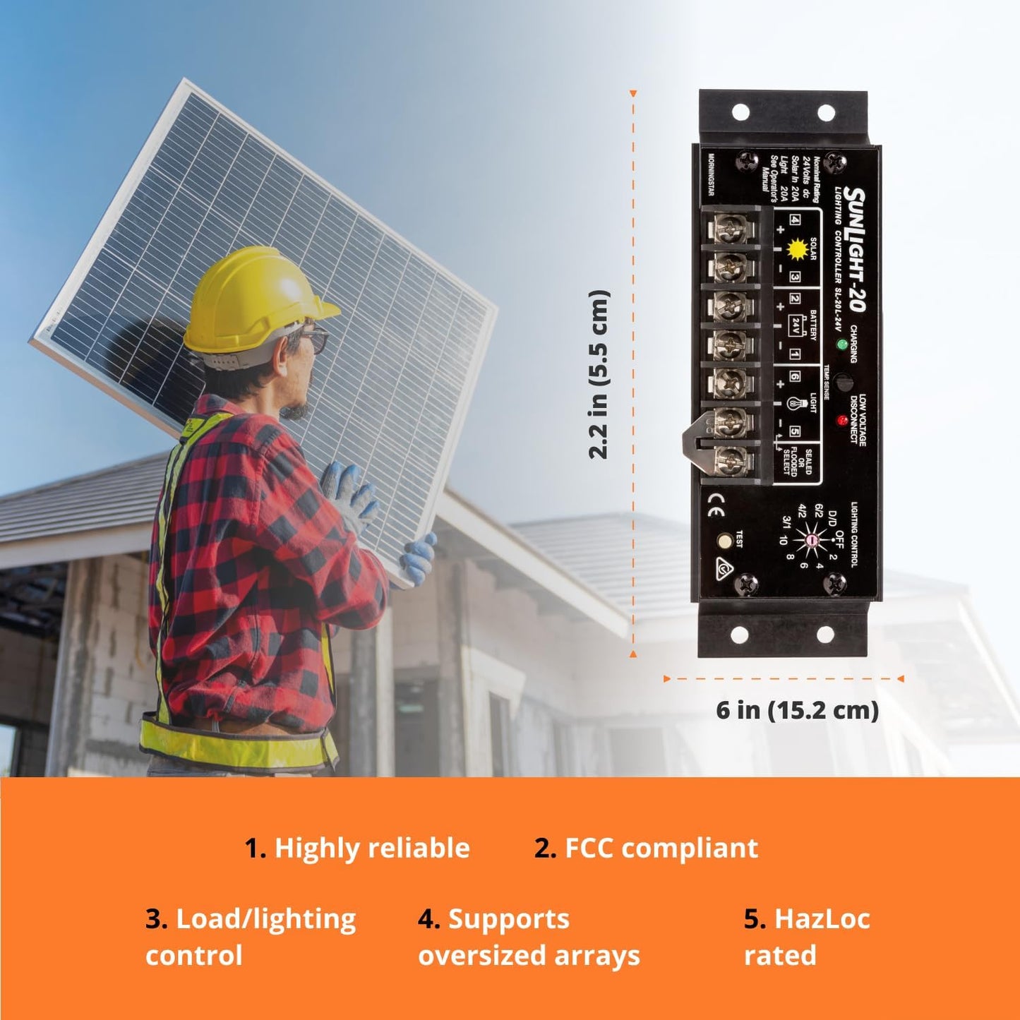 Morningstar Sunlight 20A Solar Charge Controller (SL-20L-24V) - Solar Panel Regulator for 24 Volt Batteries, Lighting Ctrl, Easy Setup, Corrosion Resistant Terminals, 5 Year WTY - Designed in The USA