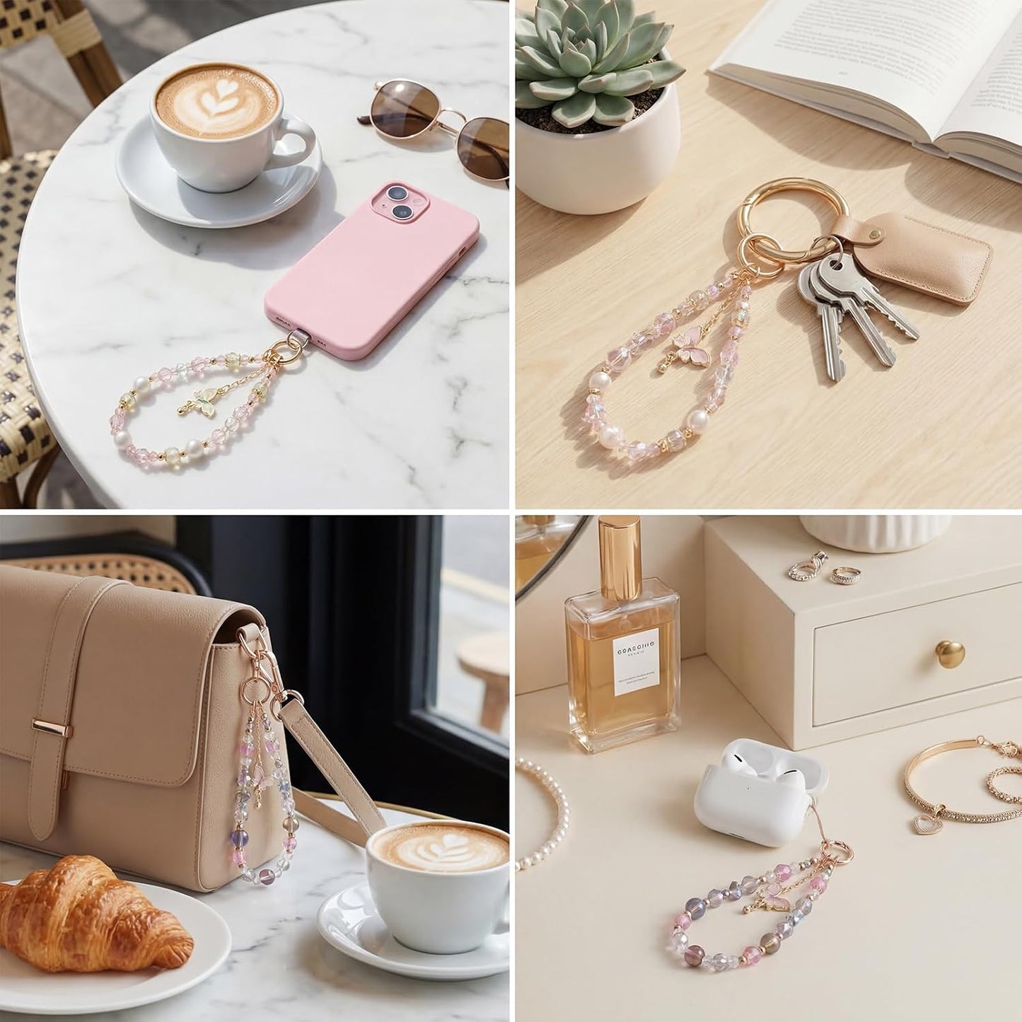 2 BESARME Pcs Phone Charm Wristlet with Crystal Beads and Butterfly Pendant, Includes Tether Tab for Easy Attachment