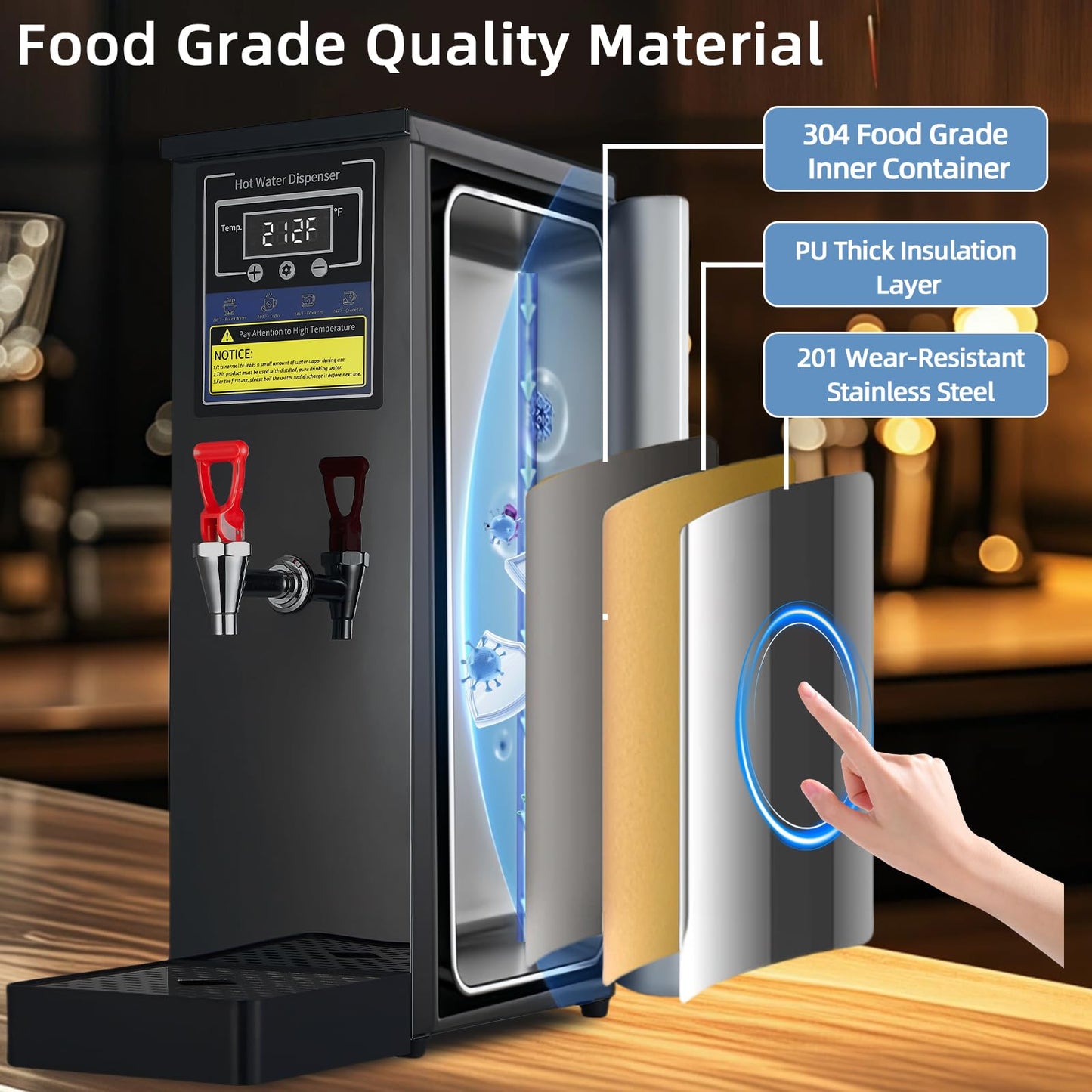 Commercial Hot Water Dispenser Commercial Water Boiler Electric Countertop Hot Water Machine Black 25L(6.6GAL)/Hour Step-heating 86-212°F Adjustable for Boba Tea Coffee Office Restaurant 1600W