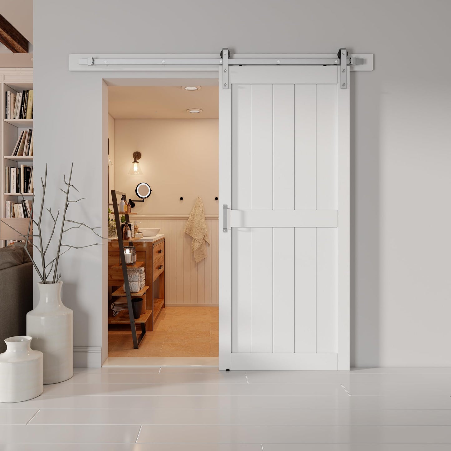 ALAMEDADT 36''x84'' Sliding Barn Door with 6.6 Ft Brushed Nickel Hardware Kit& Handle& Floor Guides,Pre-Drilled Holes Easy Assembly - Include Installation Manual, Water-Proof PVC Surface, H-Frame