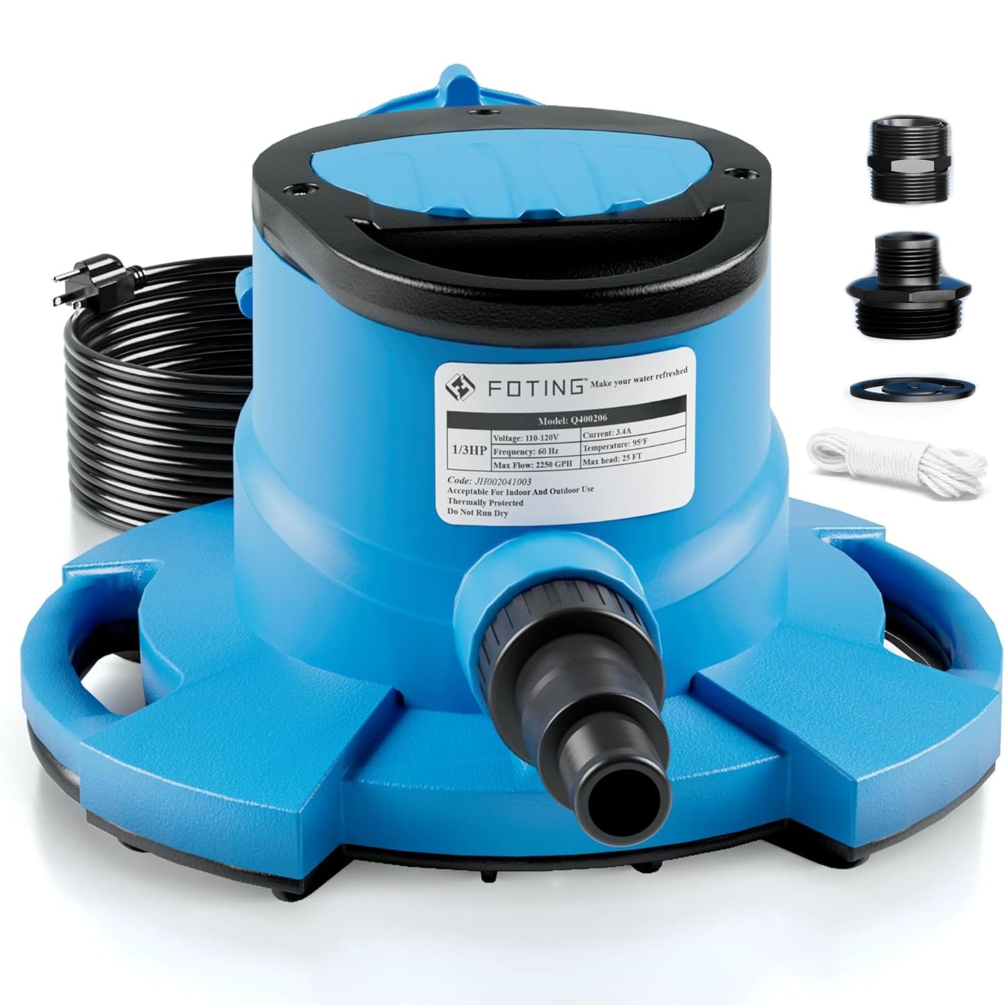 FOTING 1/3HP 2250GPH Automatic Swimming Pool Cover Pump,Submersible Water Pump, Water Removal with 3/4” Check Valve Adapter & 25ft Power Cord, Drainage for Ponds, Rooftops, Water Beds,Blue