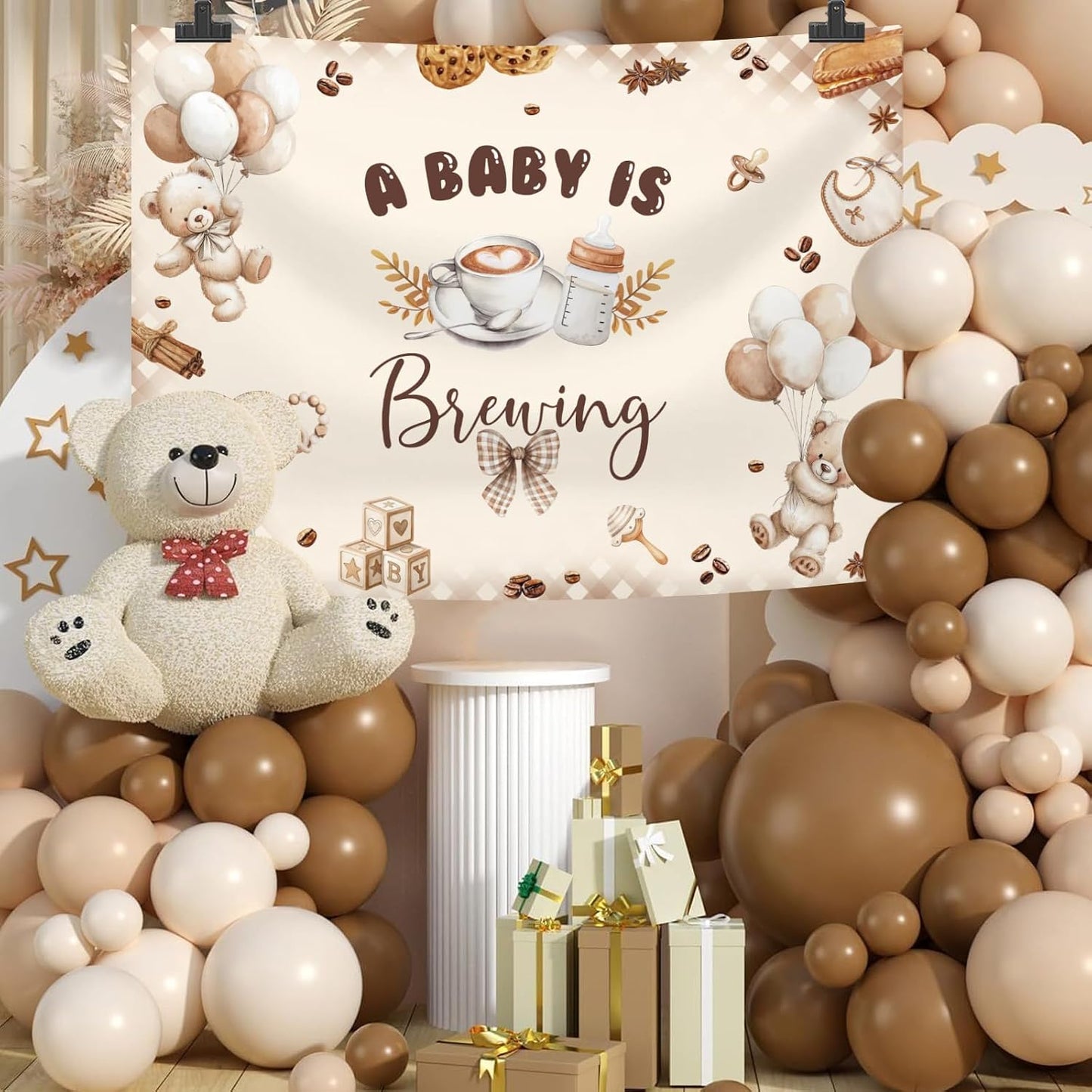 Generic 10x7ft A Baby is Brewing Baby Shower Backdrop Brown Coffee Baking Theme Cute Bear Background Feeding Bottle