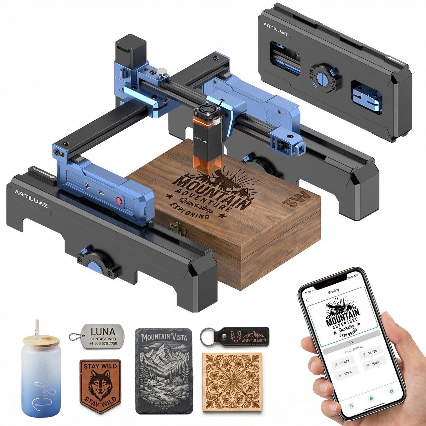 Artilume Laser Engraver 3000mW APP-Control Foldable Design with Height Extension and Protective Enclosure 0.01mm Precision 200x150mm Engraving Area for Wood Leather Acrylic for Beginners (T1-P)