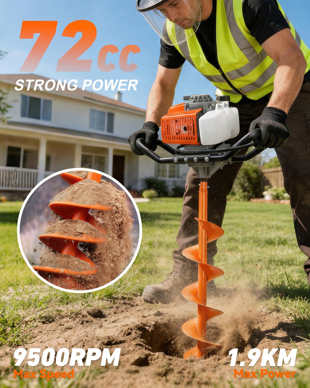 NEO-TEC 72CC Post Hole Digger Drill Gas Powered 2-Stroke & 8" Drill Bits + 1 Extension Bar, Earth Auger Petrol Drill Borer for Garden Lawn Auger Drill Bit for Planting