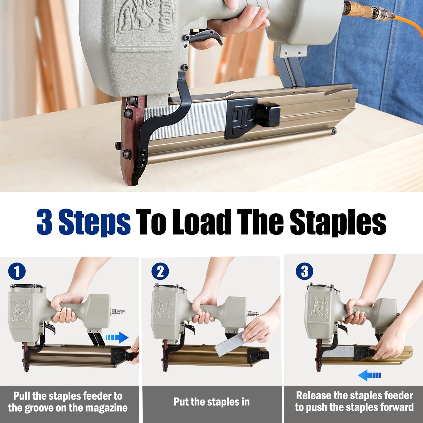 Woodpecker 16-Gauge 7/16-Inch Medium Crown Construction Stapler, Fits 1-Inch to 2-Inch Length Staples, Pneumatic Heavy Duty Wide Crown Stapler Gun