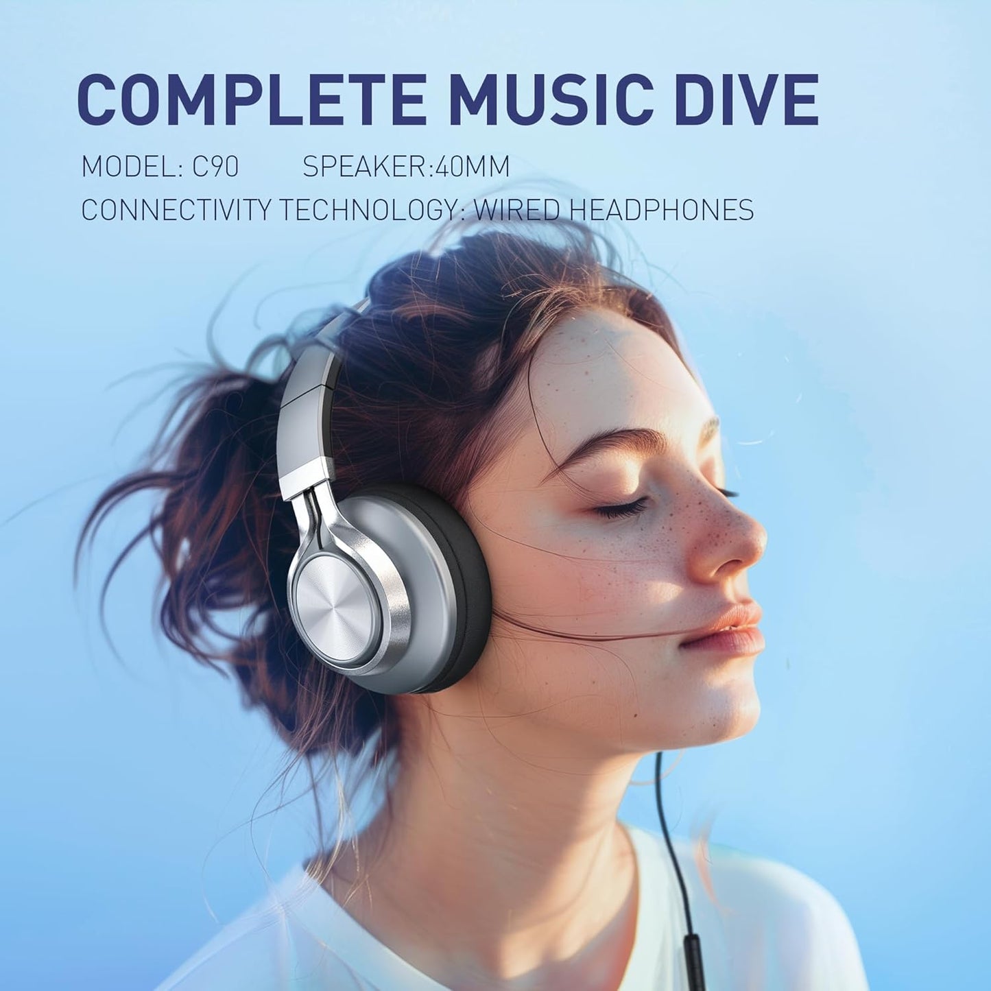 C90 3.5mm AILIHEN Wired Headphones with Microphone Volume Control, Noise Reduction Foldable Comfortable Over Ear