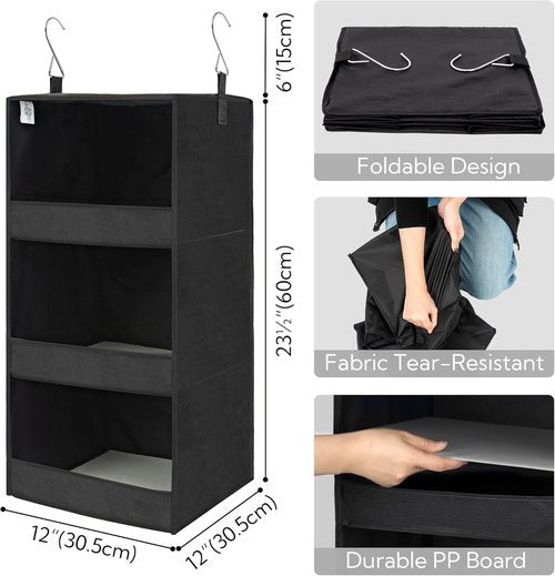 Granny Says 3-Shelf Hanging Closet Organizer - Collapsible Nursery Shelves, Black, 29.5" H X 12" W X 12" D