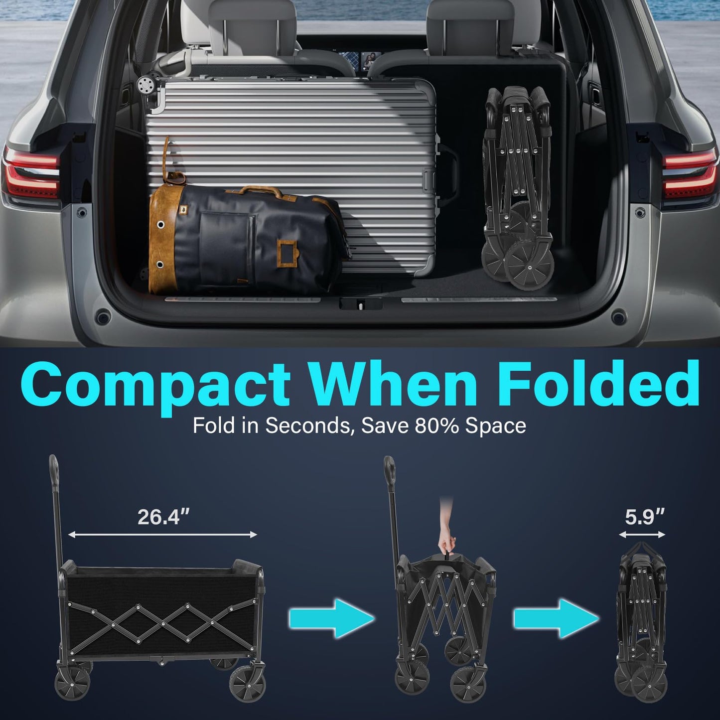Wagons Carts Foldable, Collapsible Wagon with Wheels — Foldable Wagon for Groceries,Picnic,Beach,Camping, Small Hauls, Apartment Moving Storage, Portable Utility Folding Wagon Cart, 360lbs,Jet Black