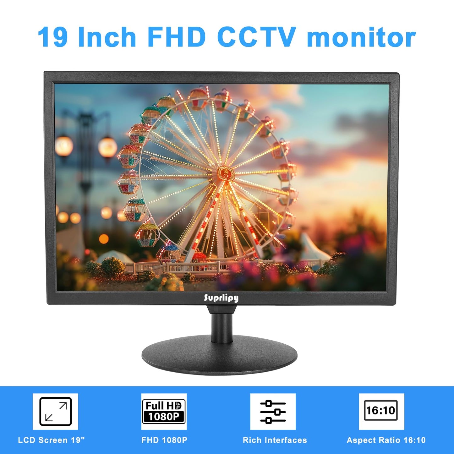 Suprlipy 19 inch FHD Small IPS Monitor LCD Display Screen 1440x900 60Hz 16:10 with HDMI BNC VGA AV USB Input Built-in Lounspeakers for CCTV Security Camera DVR PC RasPi