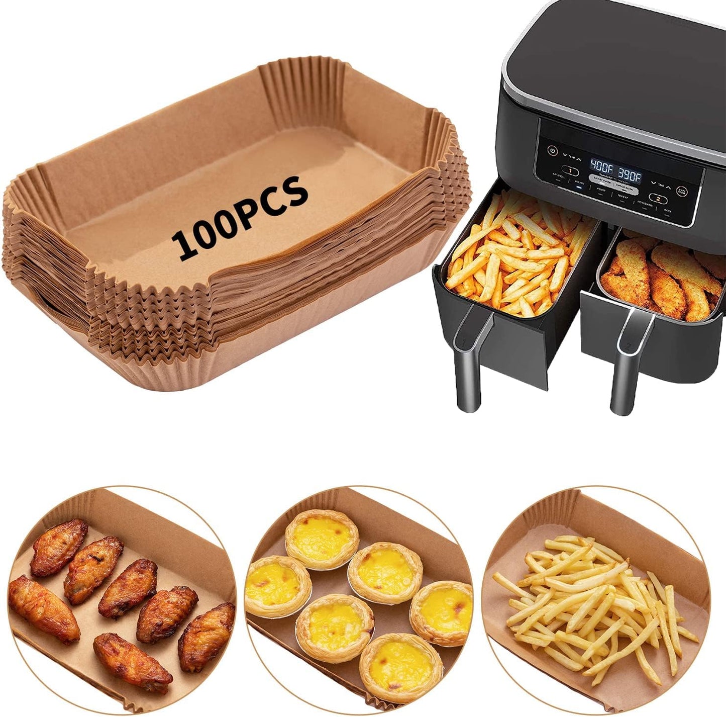 Skiennix Air Fryer Disposable Paper Liners - 100PCS Food Grade Parchment for Ninja DZ201 | 9" x 6" Natural