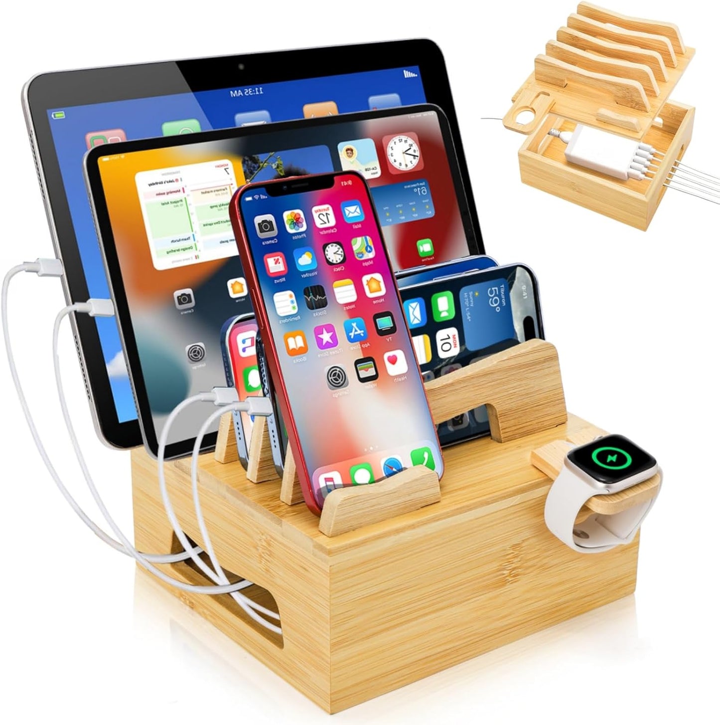 Acshio Bamboo Charging Station for Multi Devices, Small Desktop Docking Stand, Cell Phone Docking Station Charger