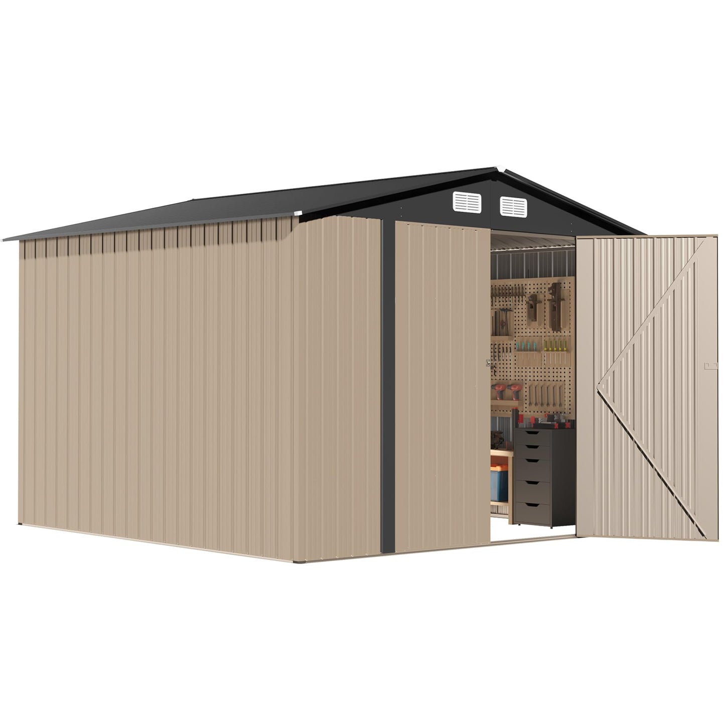 Quinora 8×10 FT Metal Shed Outdoor with Peaked Roof, Weather Resistant Outdoor Storage Shed with Lockable Double Doors for Backyard, Patio Lawn, Garden
