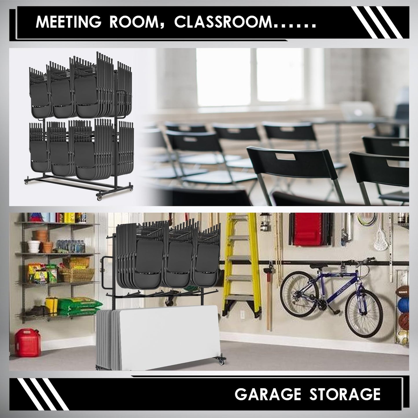 Folding Table And Chair Cart,Two Tier Folding Chair And Table Storage Rack With 800LBS Capacity For 84 Folding Chairs Heavy Metal Folding Chair Holder Rack with Rubber Locking Wheels,Straps and Cover