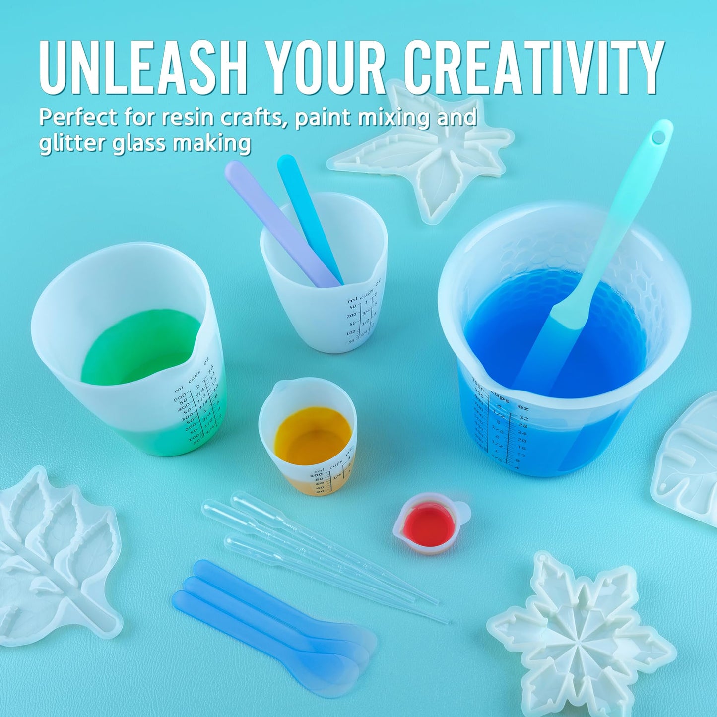 SWIGRANCE Silicone Resin Mixing 1L Measuring Cup Set for Resin Supplies, Easy-to-Read Marks, 1000ml/32oz Large Cup, 500&250&100ml Thickened Reusable Silicone Cups for Epoxy Mixing, Jewelry Making
