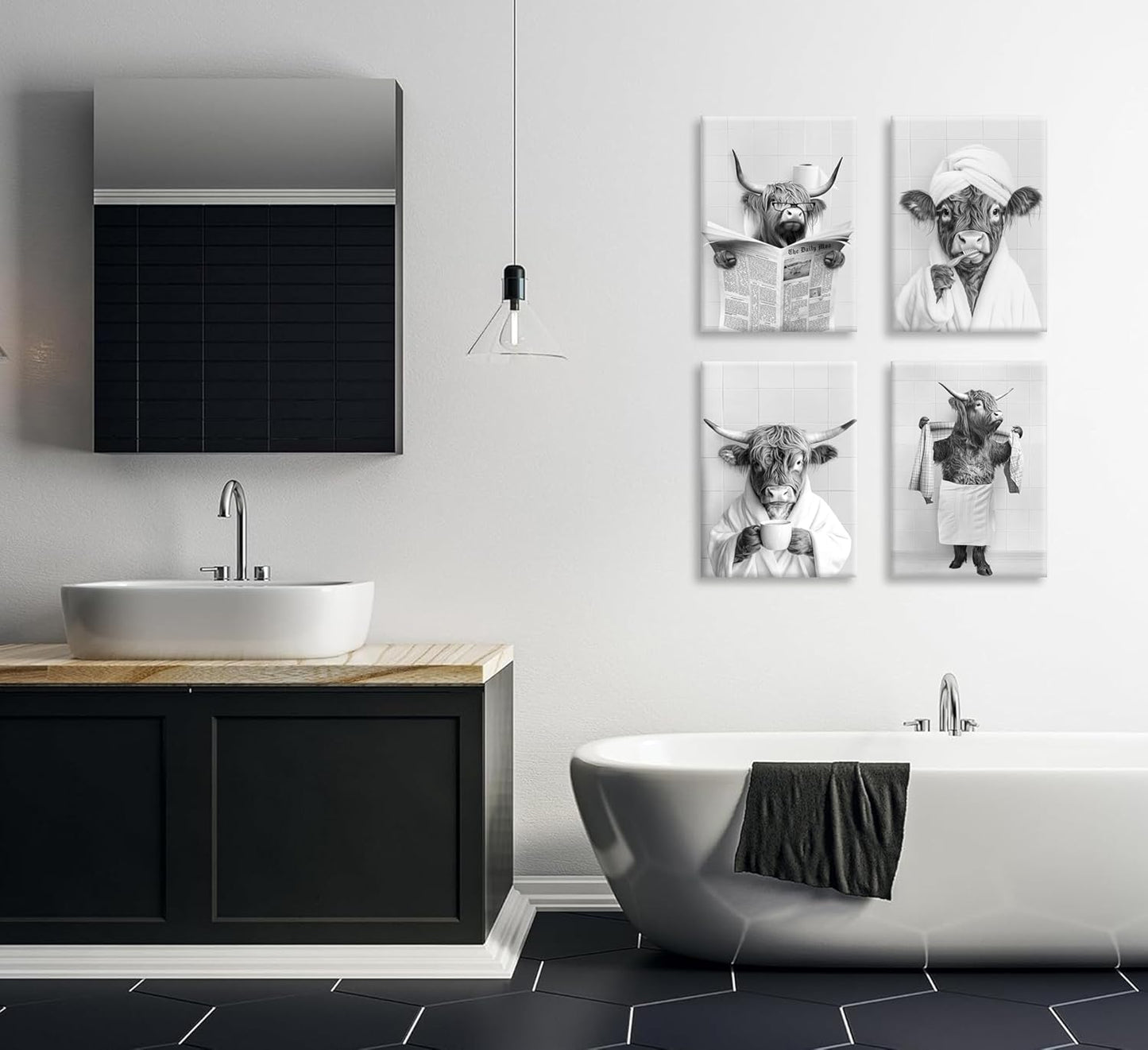 Skiennix Funny Highland Cow Bathroom Wall Art - Rustic Farmhouse Prints Set of 4 | Black & White Decor