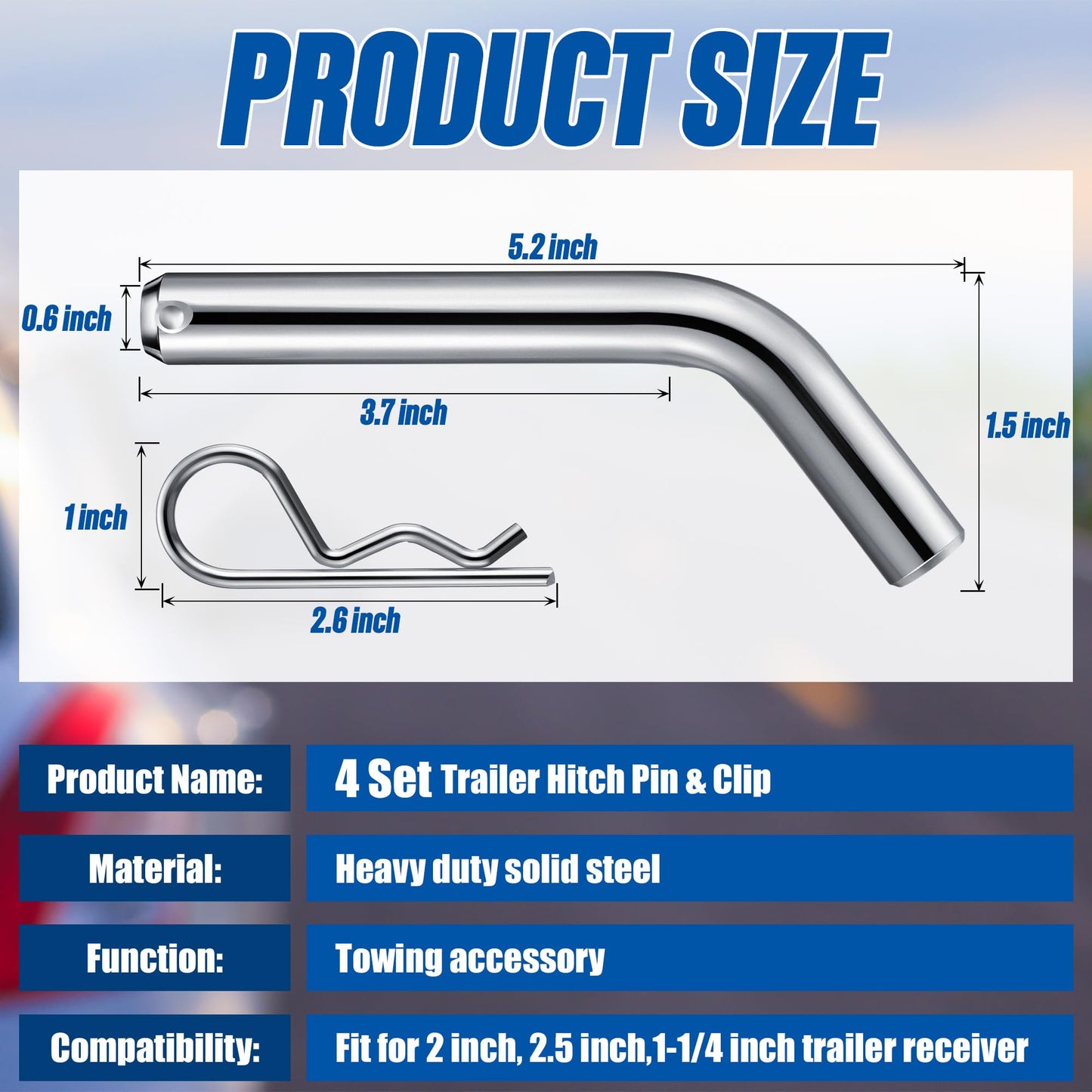 4 Set 5/8" Trailer Hitch Pin & Clip with Grooved Head, Heavy Duty Trailer Hitch Pin Fits 2" or 2.5" Receiver, Strong Spring R Clips Prevent Slipping, Suitable for Towing