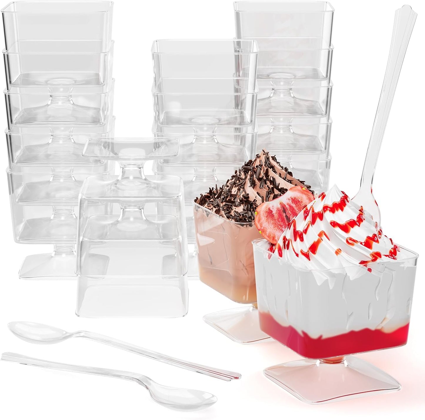 Exquisite Mini Dessert Cups With Spoons 200 Pcs - 2 Oz Square Clear Plastic Pudding Cups Disposable With Tasting Spoons 100 Sets | Mini Parfait Cup | Appetizer Cup For Party & Events