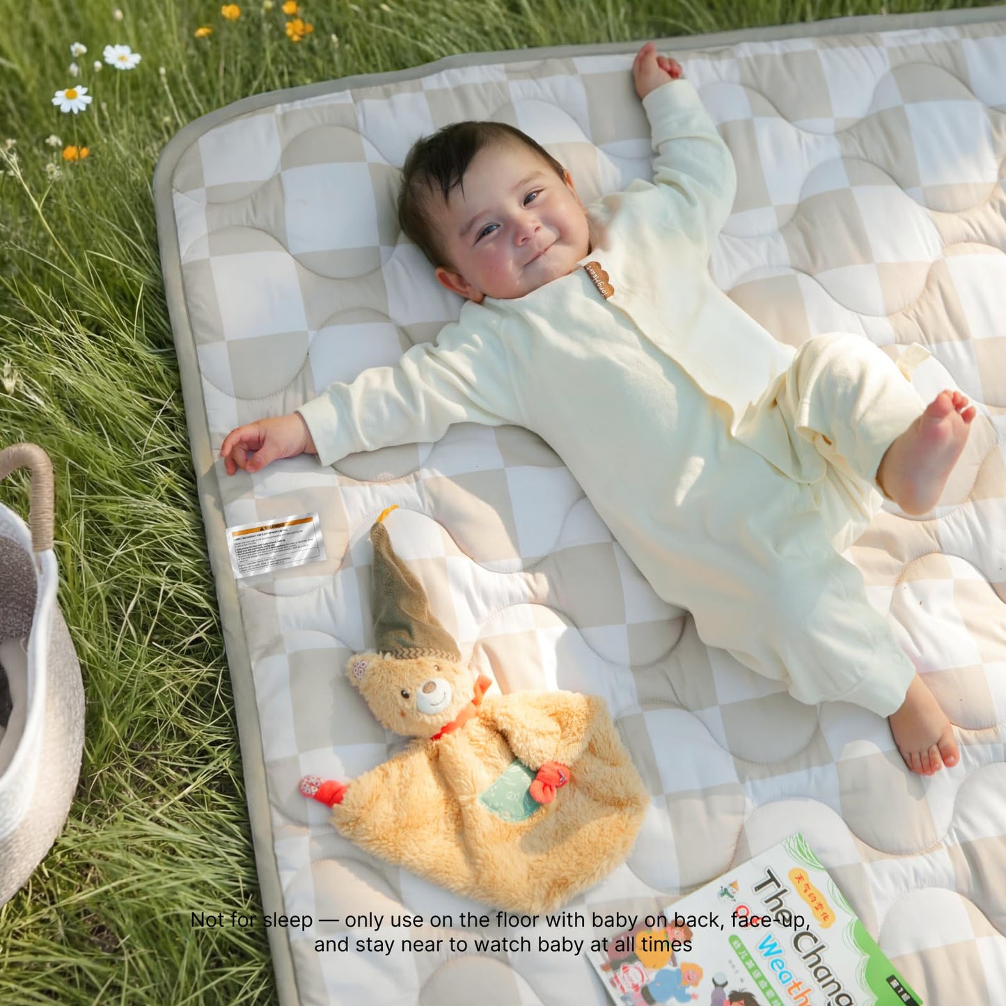 Momcozy Baby Play Mat for Floor, 50"x50" Thickened Playpen Mat, Playmate for Baby Tummy Time, Waterproof & Non-Slip, Foldable Outdoor Mat with Carrying Handle, Khaki Plaid
