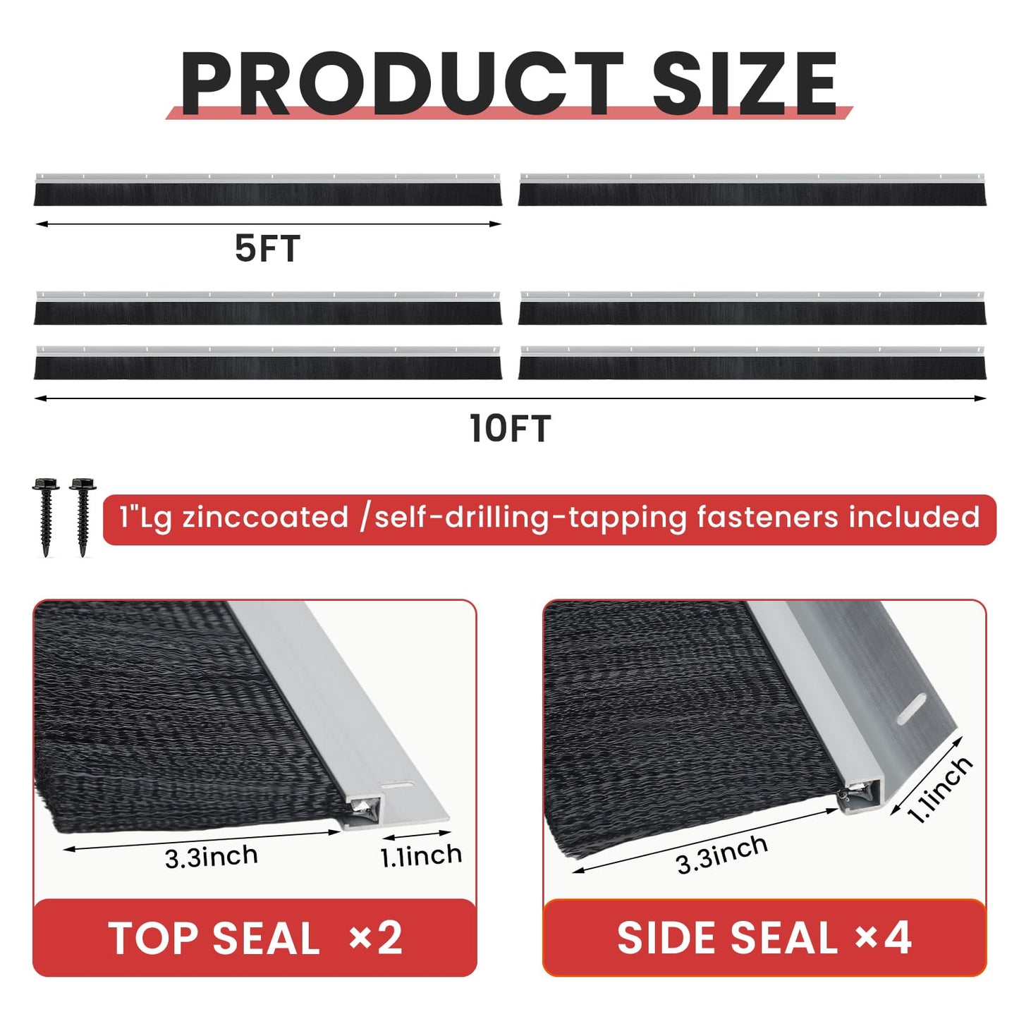 Roll up Door Brush Seal,10 x 10ft Garage Door Brush Seal Kit, 3" High-Density Nylon Brush with Aluminum Track, Easy Mounting, Complete Top and Side Seal Set for Warehouse/Commercial