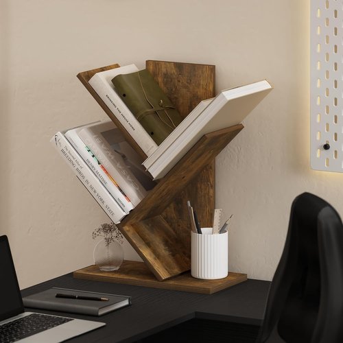 Furinno Tree Bookshelf - 3-Tier Angled Open Shelf Bookcase for Stylish Room Decor | Amber Pine, 8.4 x 15.7 x 21.3