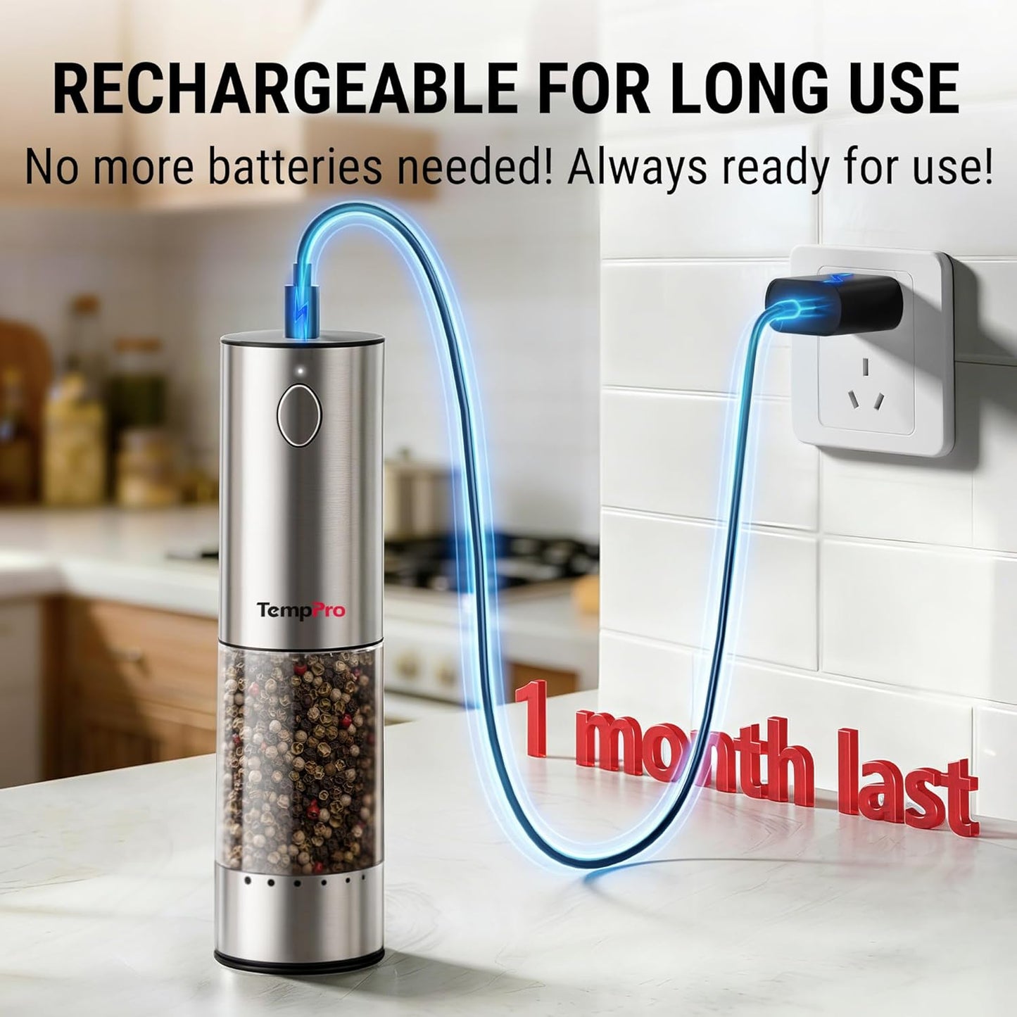 TempPro Electric Salt and Pepper Grinder Set - Rechargeable Automatic Mill with LED | 100ml, 2-Pack