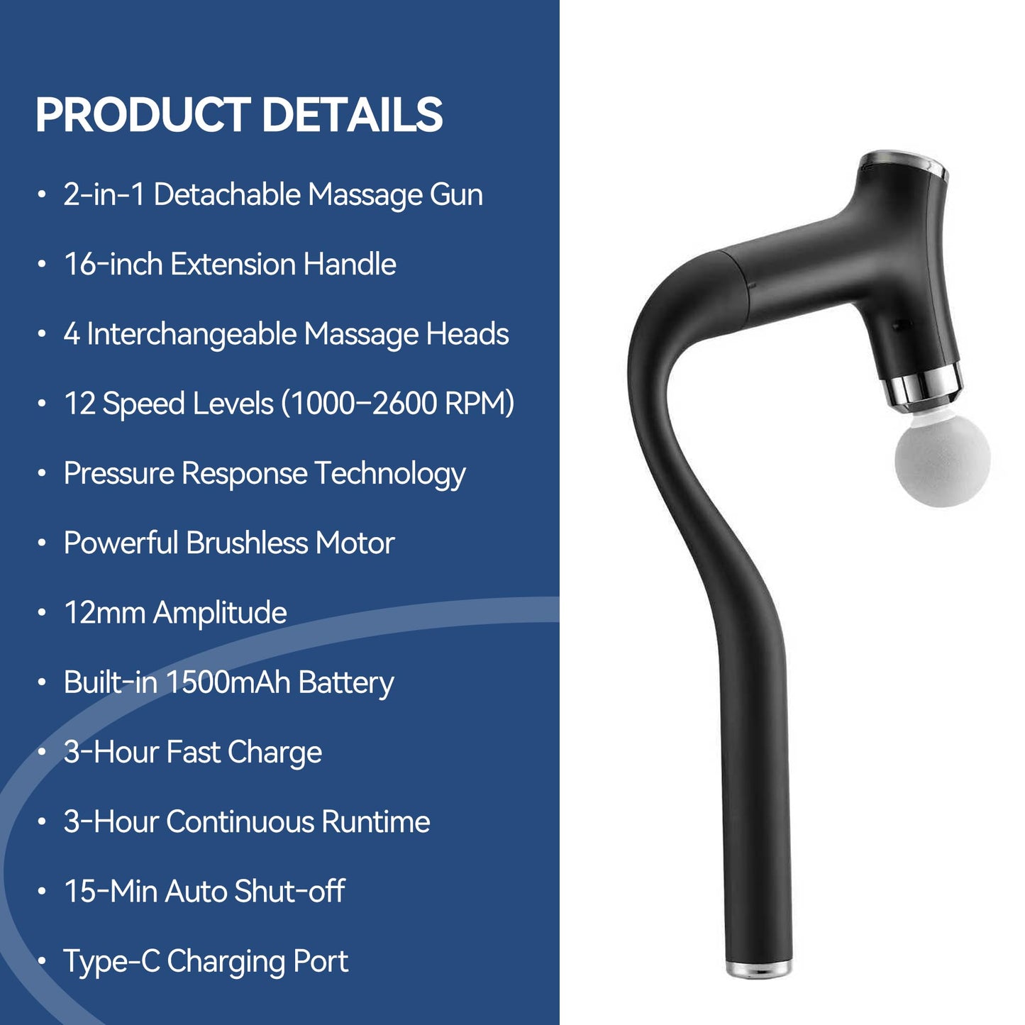 BOZKOON 2-in-1 Detachable Massage Gun Deep Tissue, Ergonomic Extension Handle Back Massager for Hard-to-Reach Areas, 12-Speed Percussion Muscle Massager for Shoulder Waist Thigh Legs