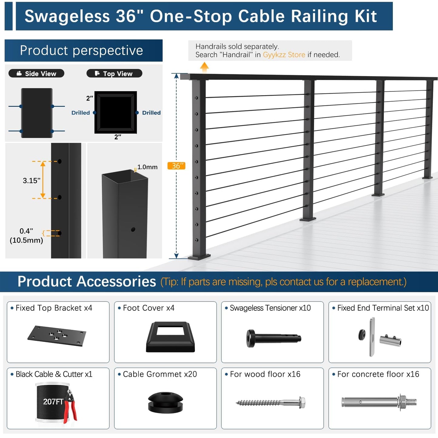 Gyykzz 36" 12–20FT Swageless Cable Railing Kit, Black Modular Railing System 4 Level Post Kit with Patented No-Crimp Terminals, Cable Length Adjustable Easy DIY for Deck, Stair, Balcony (No Handrail)