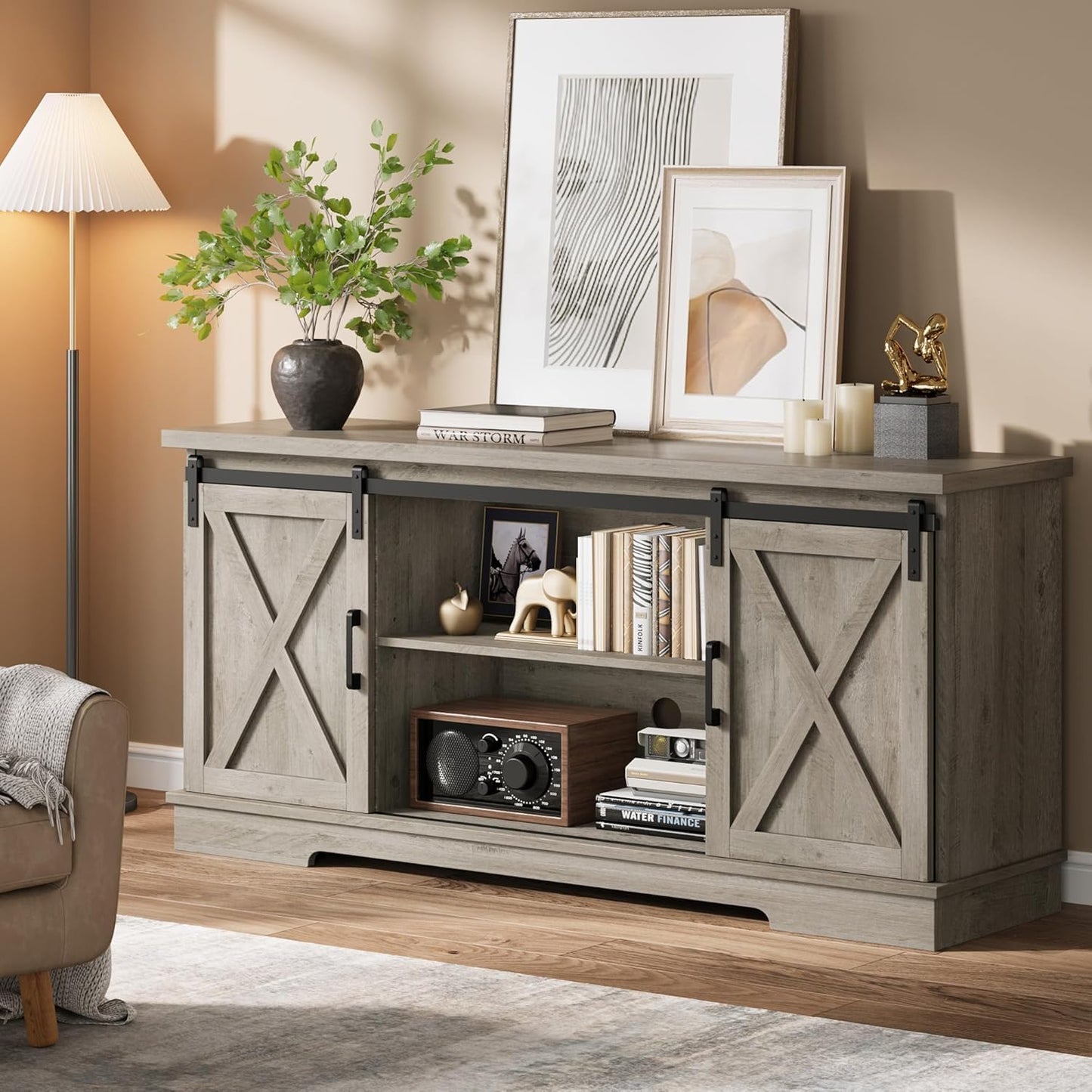 IDEALHOUSE Farmhouse TV Stand for 65 Inch TV, Entertainment Center with Sliding Barn Doors and Adjustable Shelves, TV Stand with Storage, Modern Storage Media TV Console for Living Room Bedroom, Grey