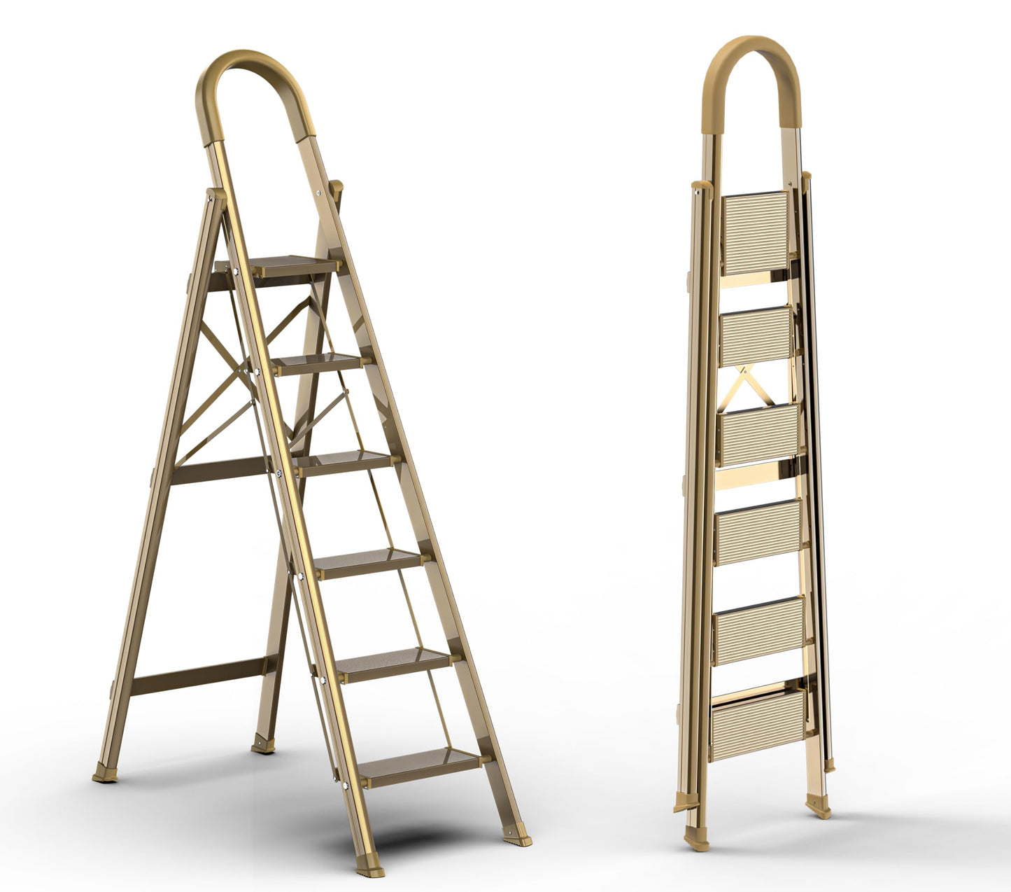 GameGem Lightweight Aluminum 6 Step Ladder for 12 Feet High Ceiling, Folding Step Stool Stepladders with Anti-Slip and Wide Pedal for Home and Kitchen Use Space Saving (Gold)