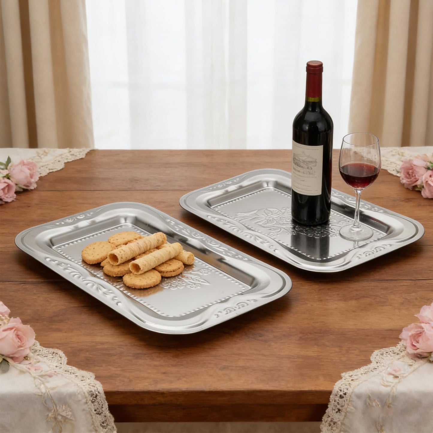 6 Pack Silver Serving Trays Set, Floral Engraved Mirror Decorative Tray Party Platters for Whiskey Cookies Food Dessert Fruit Cupcake Weddings Table Parties Display
