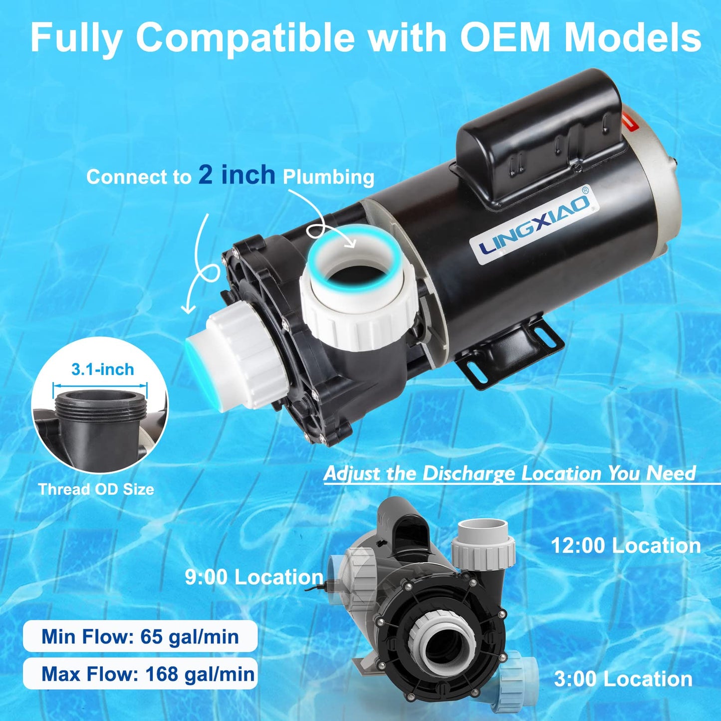LINGXIAO WUA200-II SPA Pump, 2 Speed Hot Tub Pumps 2HP - LX SPA Pump Motor 220V-240V, 2" Port, 56 Frame (Mode:56WUA200-II）