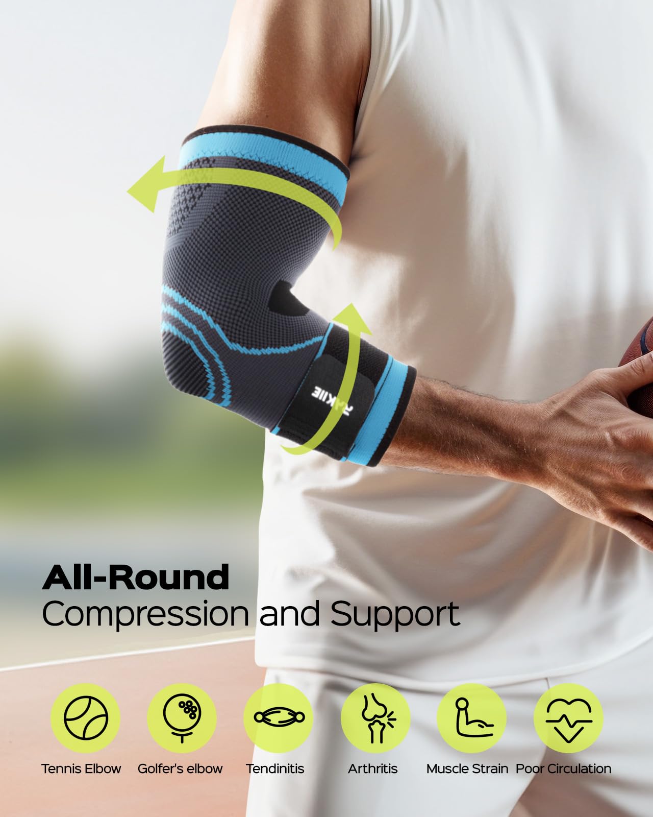 Rakiie Elbow Compression Sleeve 2 Pack, Elbow Brace for Tendonitis and Tennis Elbow, Pain Relief Elbow Brace for Men & Women, Elbow Sleeve Reduce Joint Pain for Tennis, Golfer, Workouts, Blue (M)