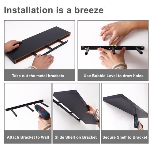 Fixwal Black Floating Shelves for Wall, 22" Long Wall Mounted Rustic Wood Shelves for Living Room, Bedroom, Bathroom and Kitchen, Wall Shelves for Storage, Books, Room Decor Set of 2