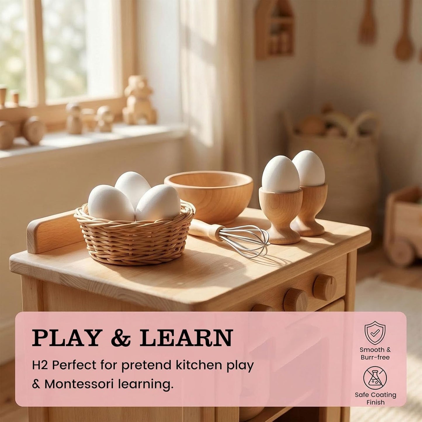 SallyFashion Wooden Fake Eggs - 9 PCS White Easter Eggs for Nesting & Pretend Play Kitchen Accessories